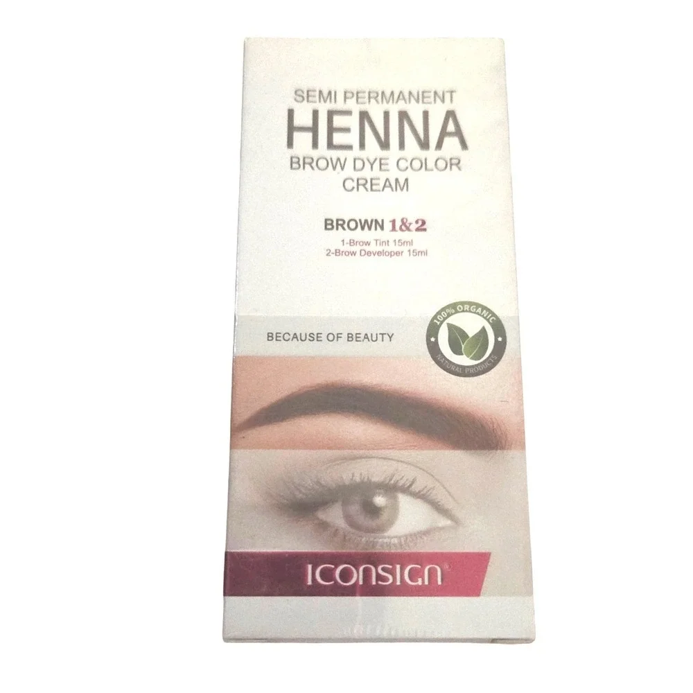 ICONSIGN Semi Permanent Henna Brow Dye Color Cream Kit Brown 1 & 2 15ml Organic
